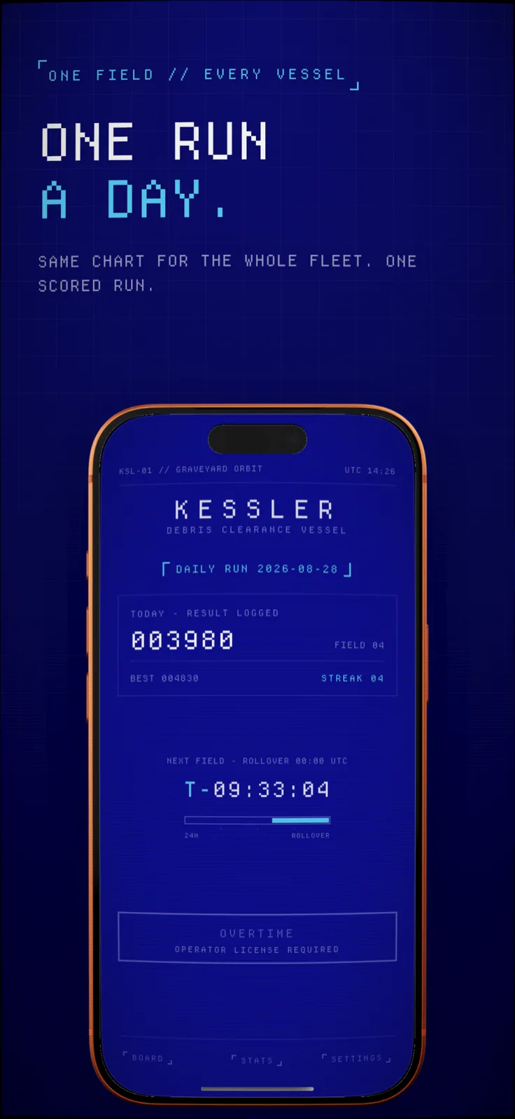 Kessler screenshot: Daily run card with score and countdown timer, captioned “One run a day.”