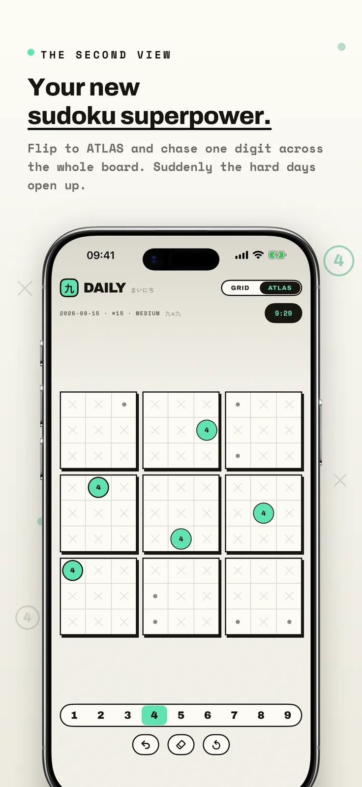Kumiko screenshot: Atlas view highlighting one digit across the board, captioned “Your new sudoku superpower.”