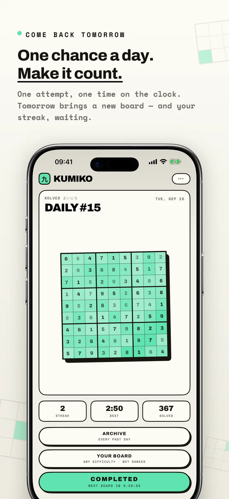 Kumiko screenshot: Completed daily board with streak and time stats, captioned “One chance a day. Make it count.”