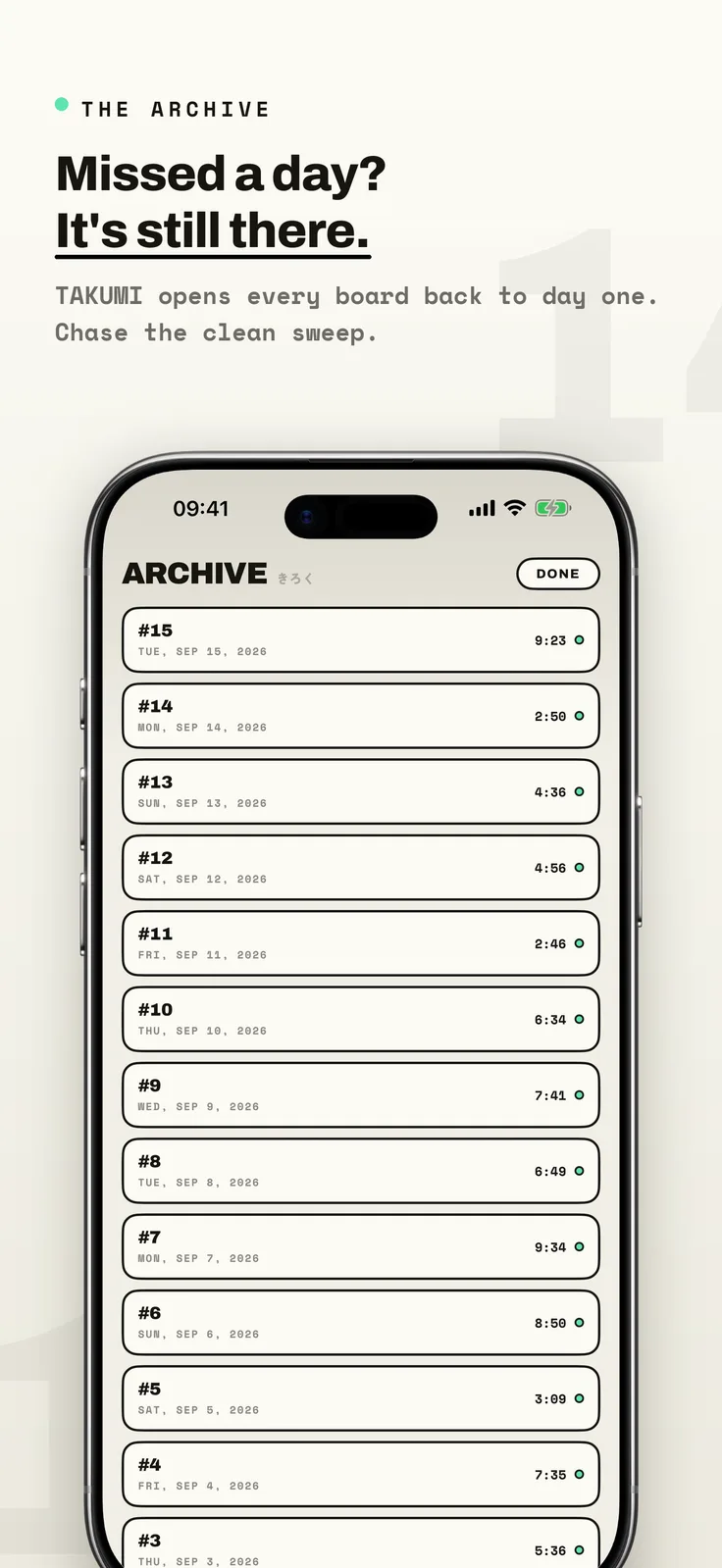 Kumiko screenshot: Archive list of past daily boards with times, captioned “Missed a day? It's still there.”