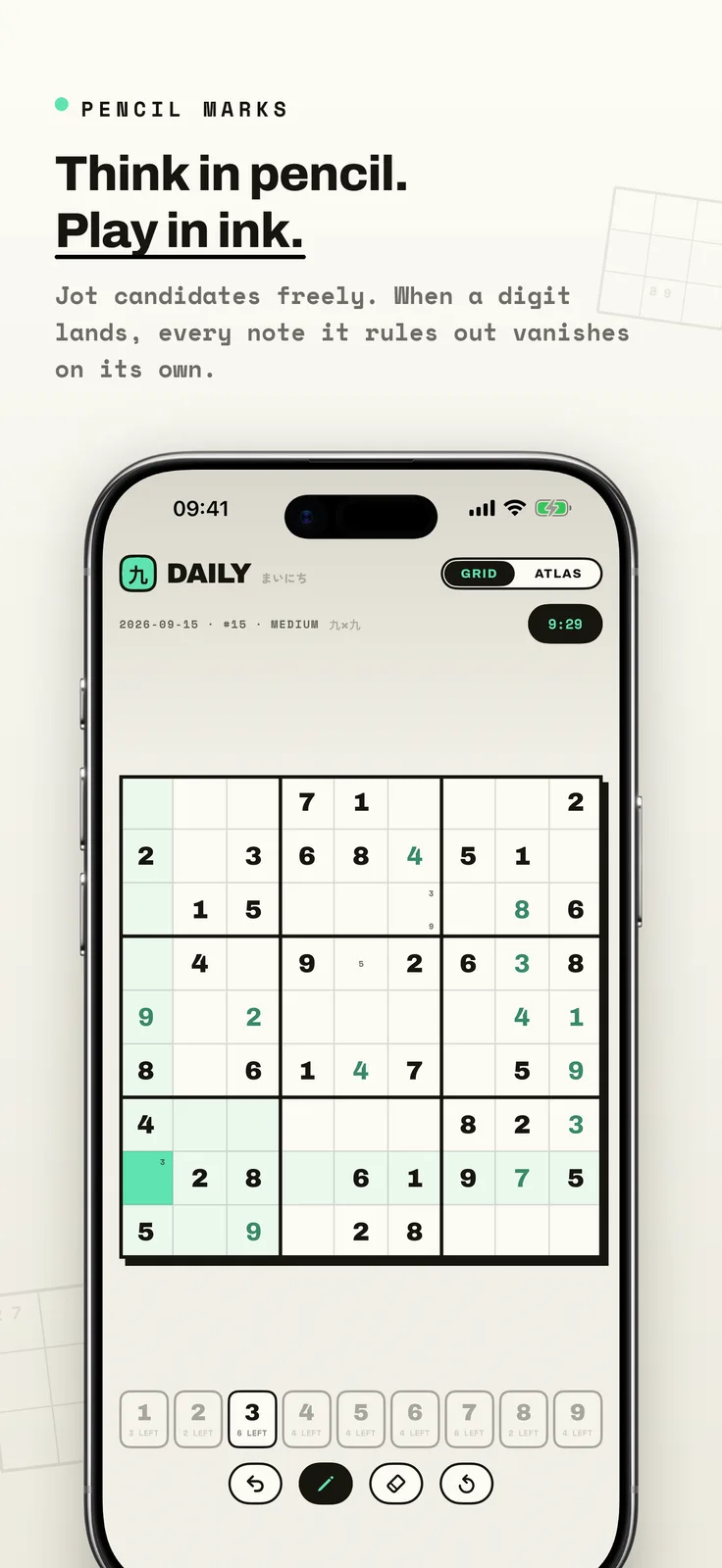 Kumiko screenshot: Sudoku grid in pencil-mark mode with number pad, captioned “Think in pencil. Play in ink.”