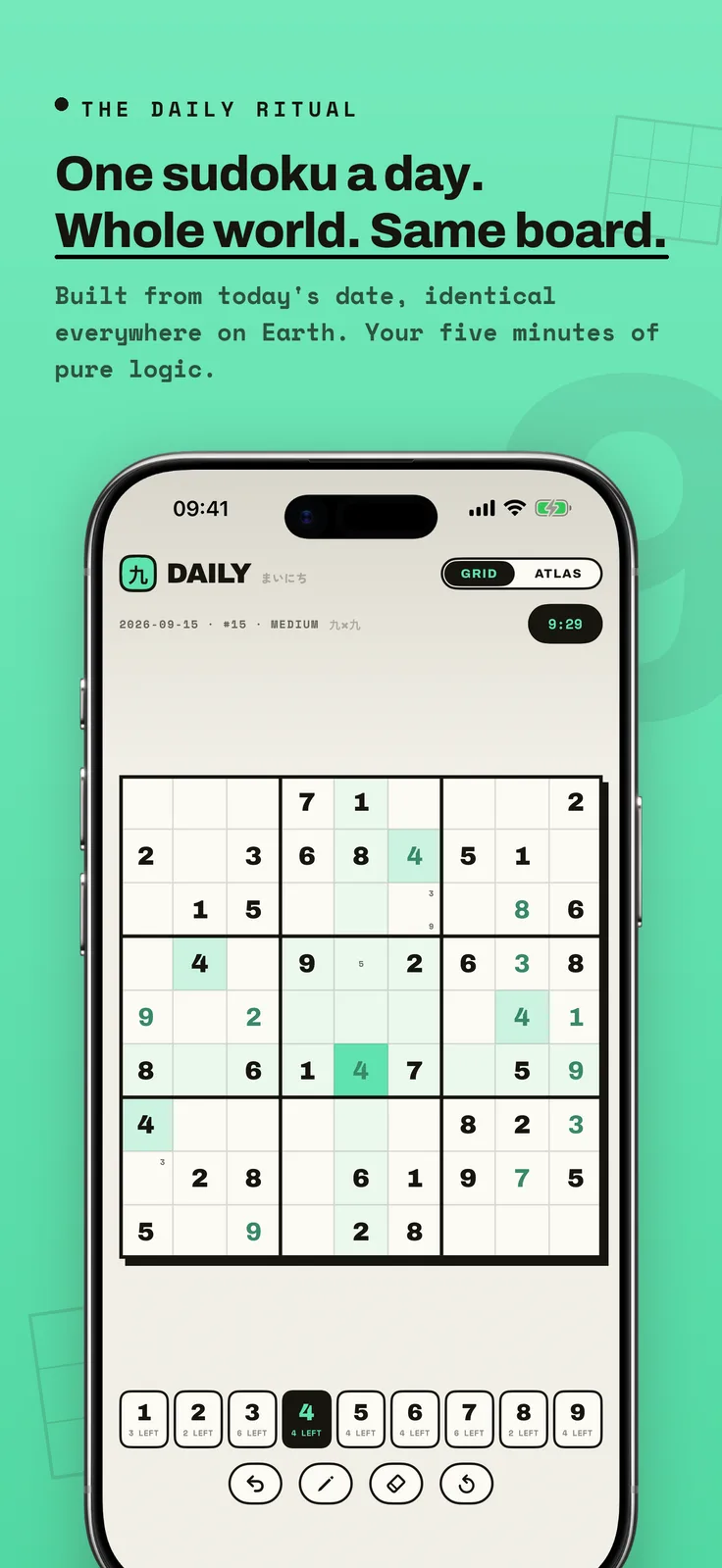 Kumiko screenshot: Daily sudoku grid with number pad, captioned “One sudoku a day. Whole world. Same board.”