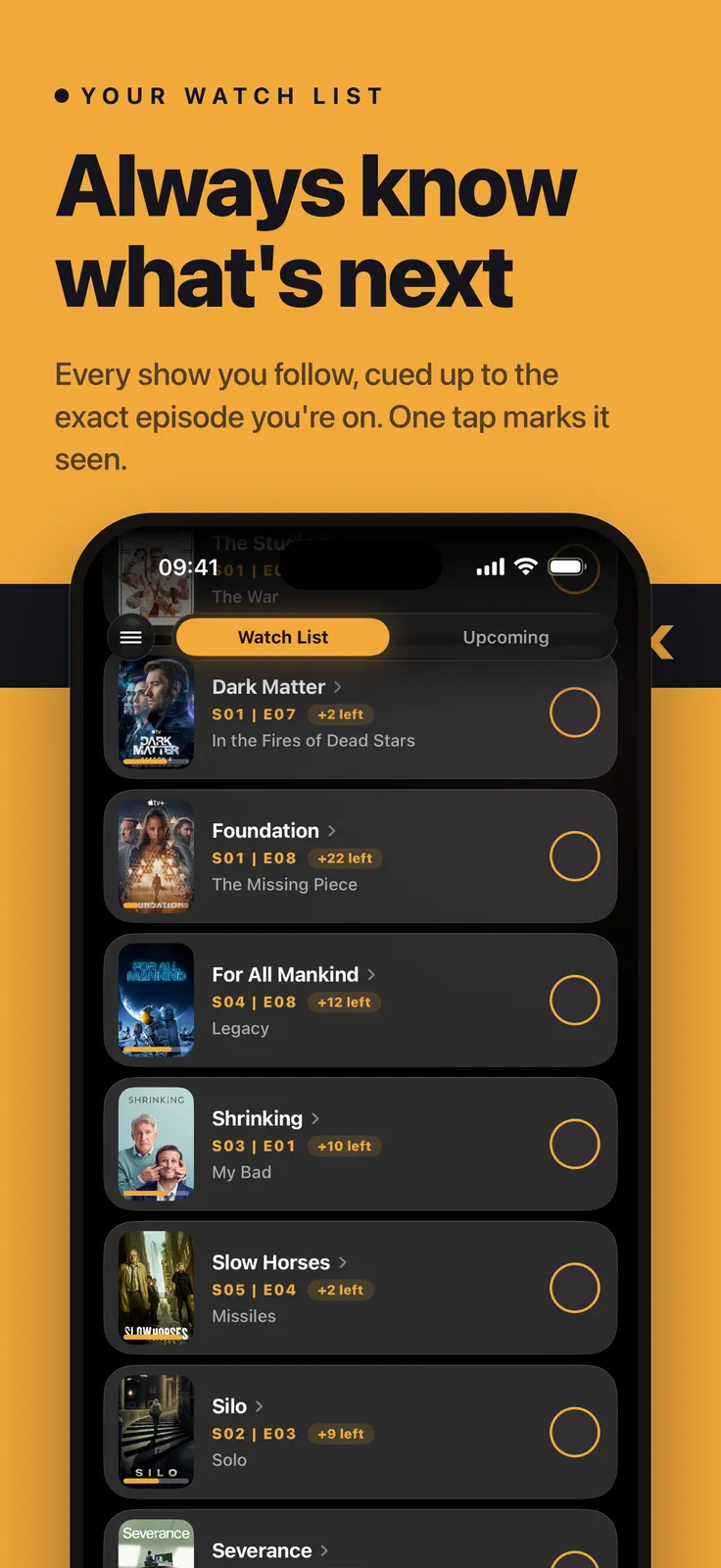 Previously screenshot: Watch list of shows with next episodes, captioned “Always know what's next”