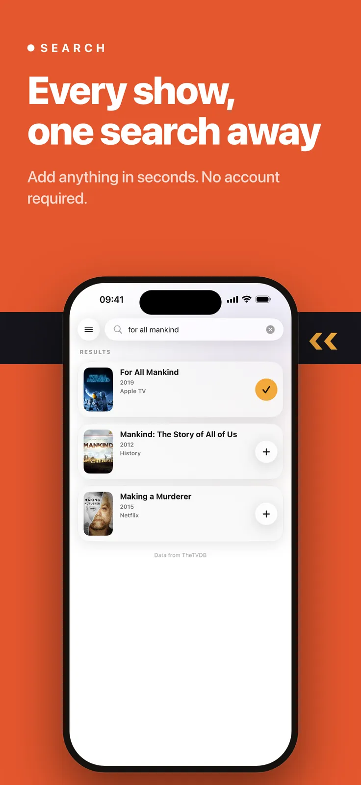 Previously screenshot: Search results for For All Mankind, captioned “Every show, one search away”