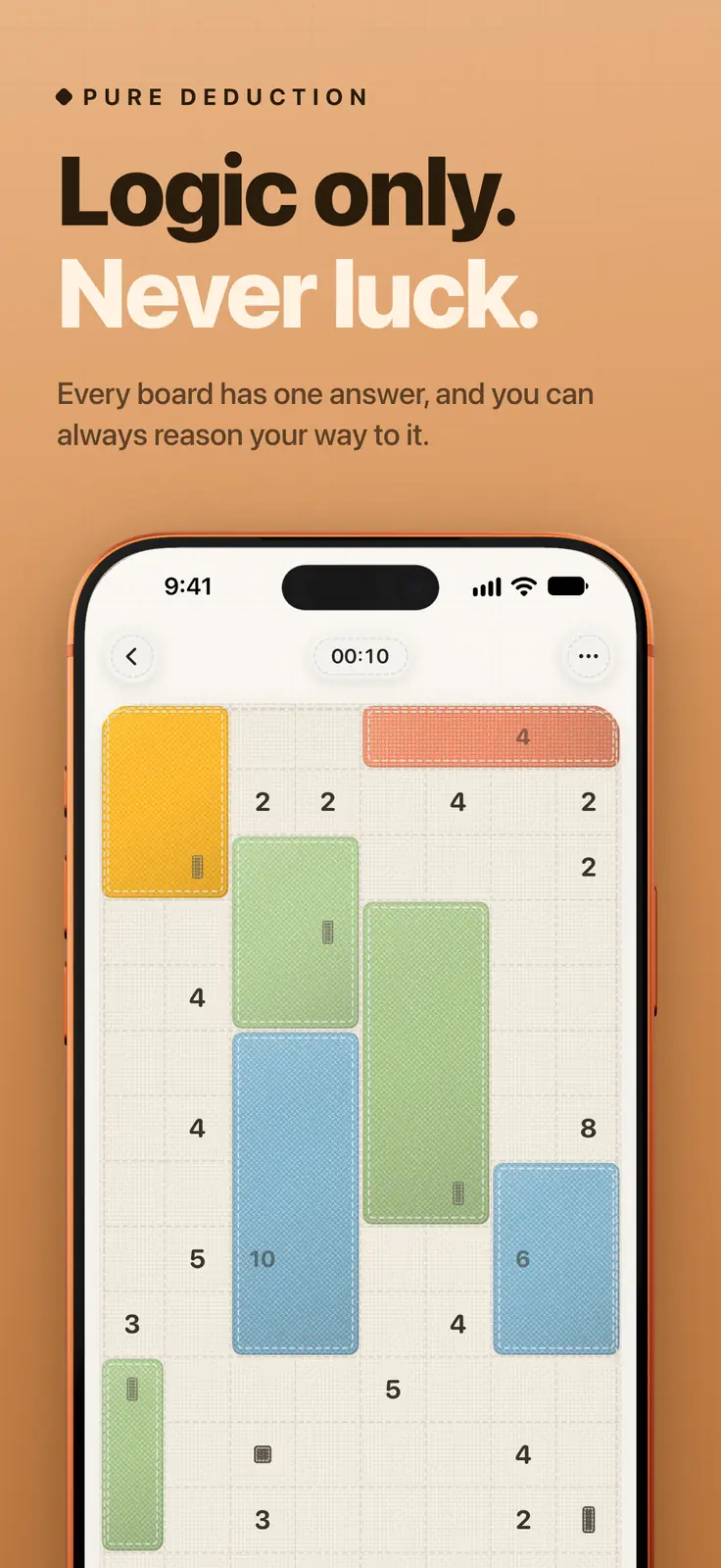 Quilt screenshot: Puzzle grid with numbers and a few rectangles, captioned “Logic only. Never luck.”