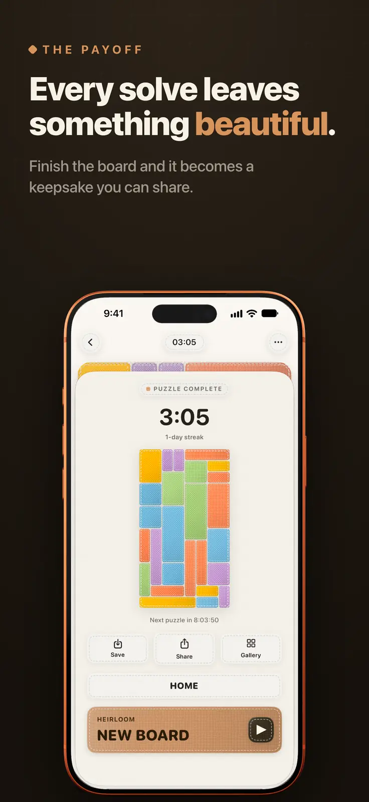 Quilt screenshot: Puzzle complete screen with solve time and quilt, captioned “Every solve leaves something beautiful.”