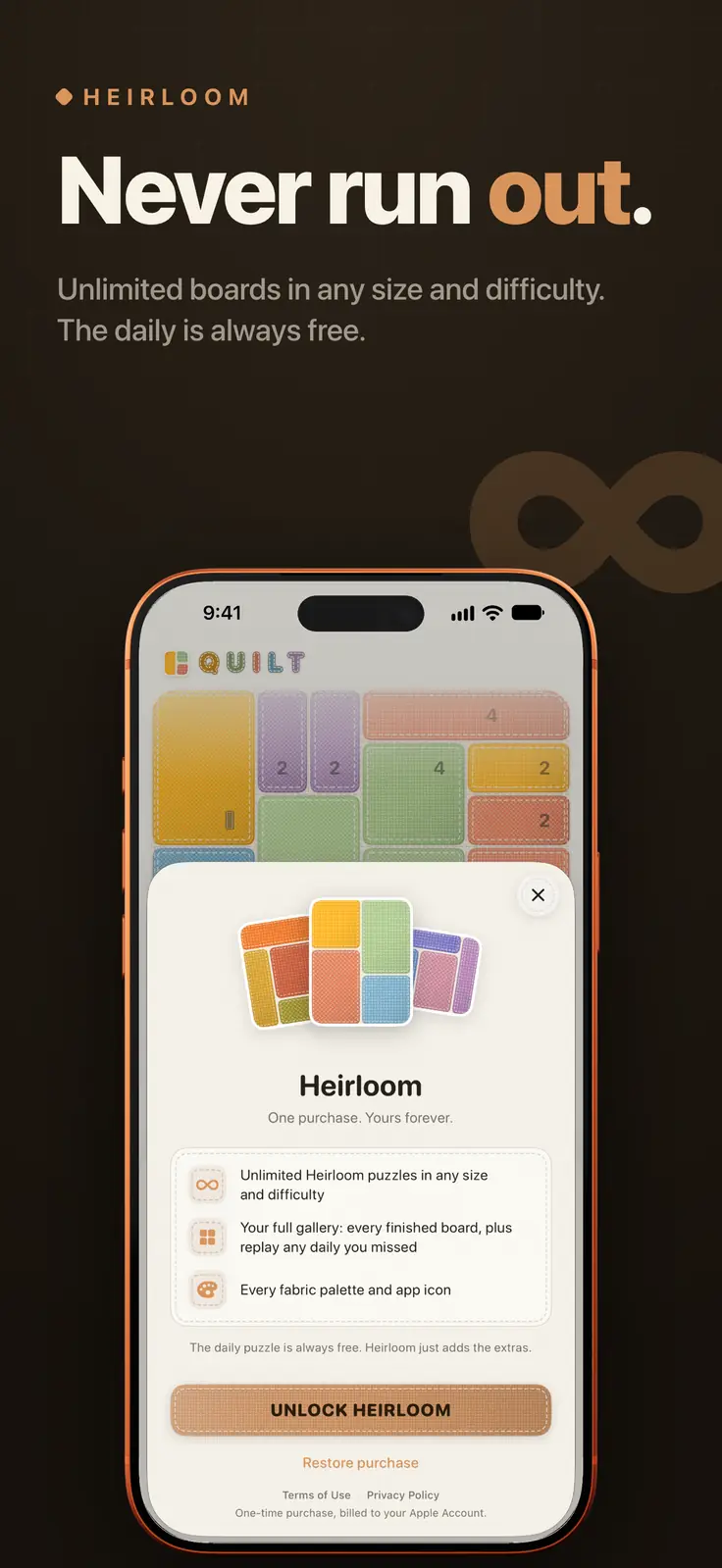 Quilt screenshot: Heirloom unlock sheet listing purchase benefits, captioned “Never run out.”