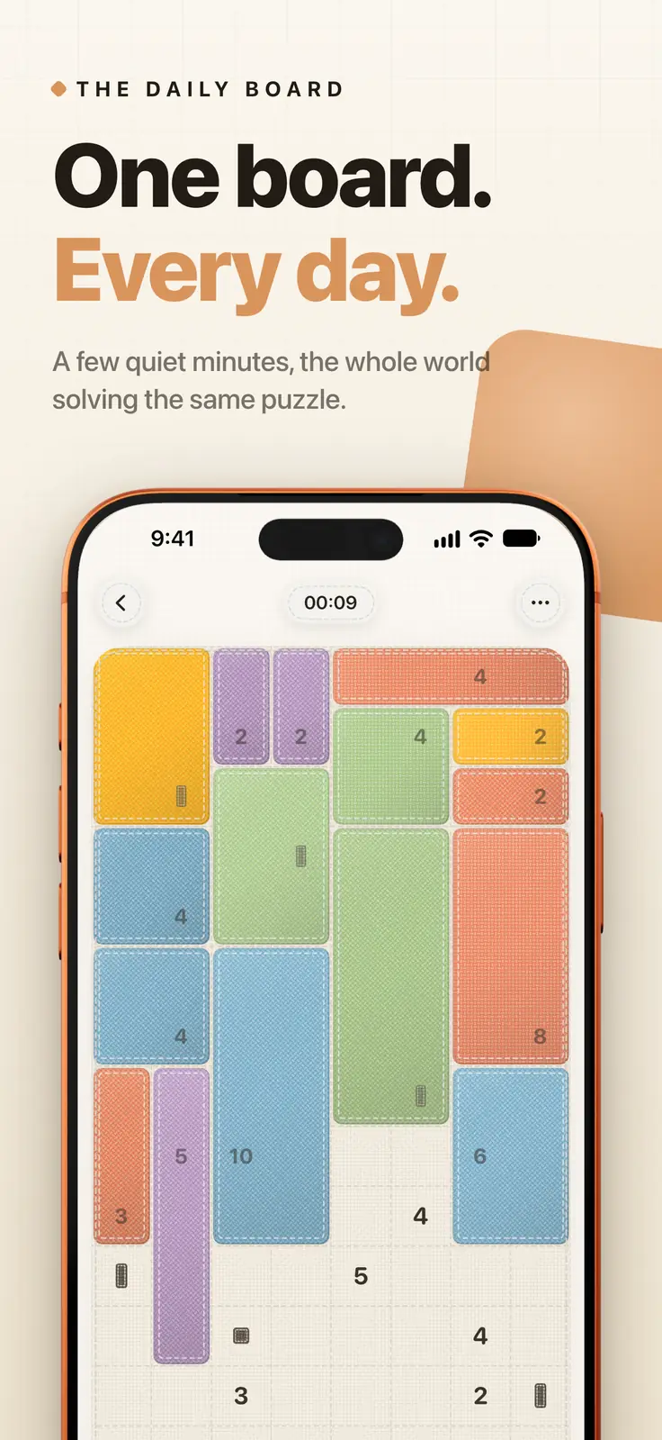 Quilt screenshot: Puzzle grid partly filled with colored rectangles, captioned “One board. Every day.”