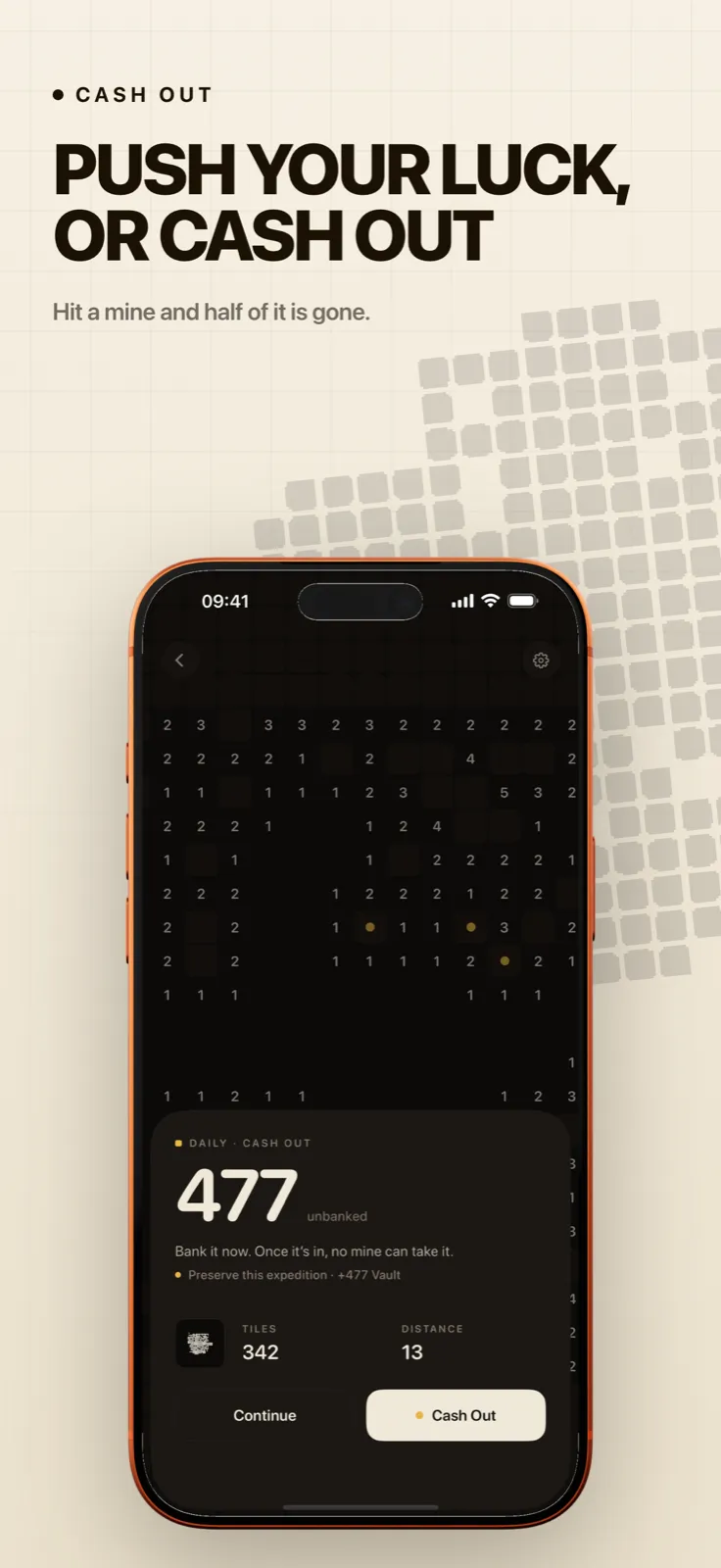 Sapper screenshot: Dark minesweeper board with Continue and Cash Out buttons, captioned “Push your luck, or cash out”