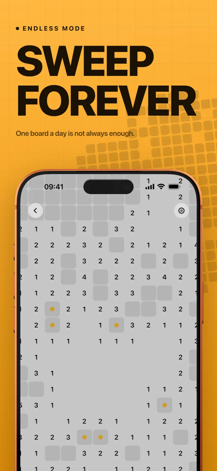 Sapper screenshot: Endless mode minesweeper board with revealed numbers, captioned “Sweep forever”