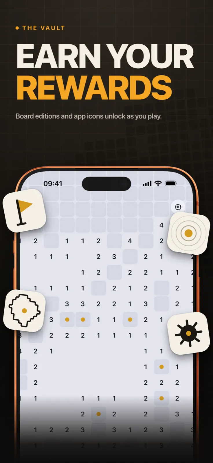 Sapper screenshot: Minesweeper board surrounded by unlockable app icons, captioned “Earn your rewards”