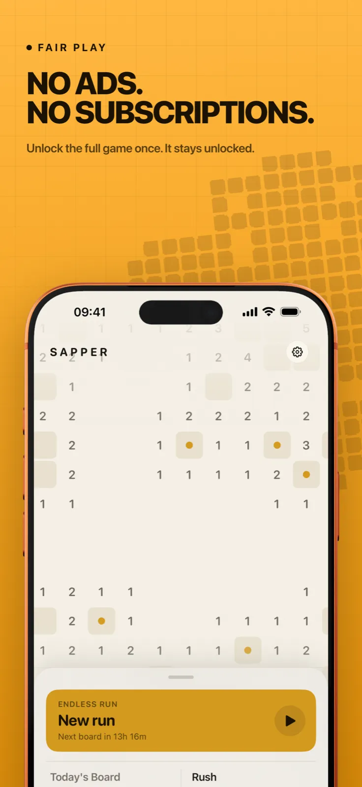 Sapper screenshot: Home screen with board and New run card, captioned “No ads. No subscriptions.”