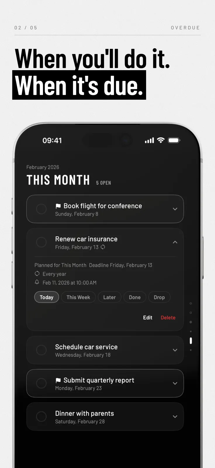 Overdue screenshot: This Month list with an expanded task's options, captioned “When you'll do it. When it's due.”
