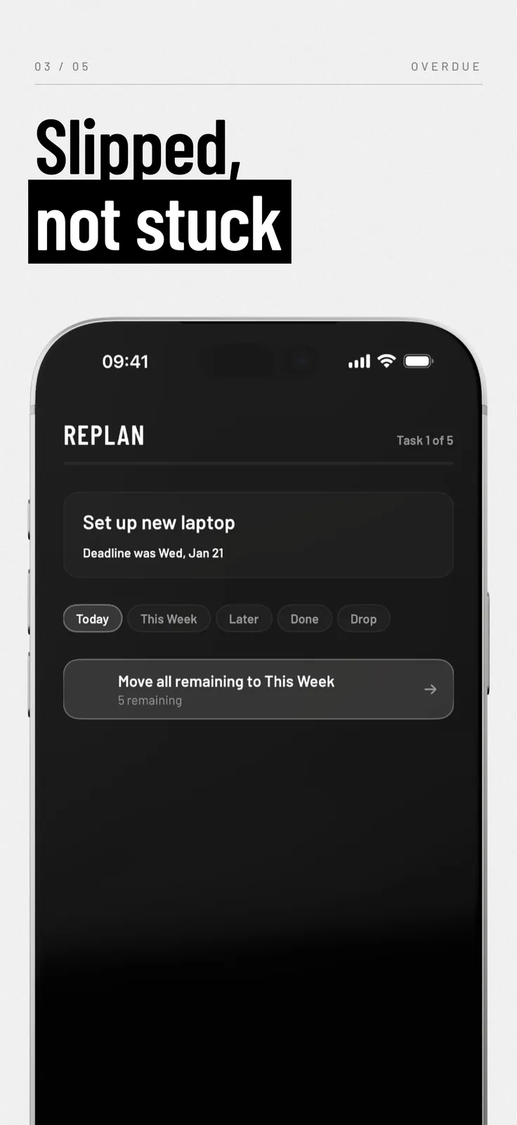 Overdue screenshot: Replan screen for an overdue task, captioned “Slipped, not stuck”