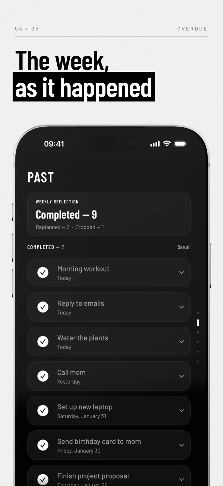 Overdue screenshot: Past view with weekly reflection and completed tasks, captioned “The week, as it happened”