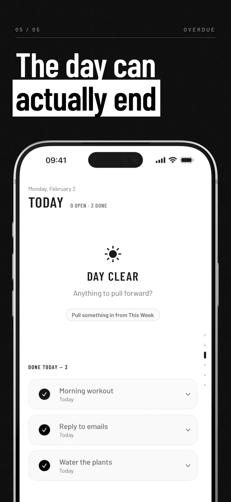 Overdue screenshot: Today screen showing Day Clear and done tasks, captioned “The day can actually end”