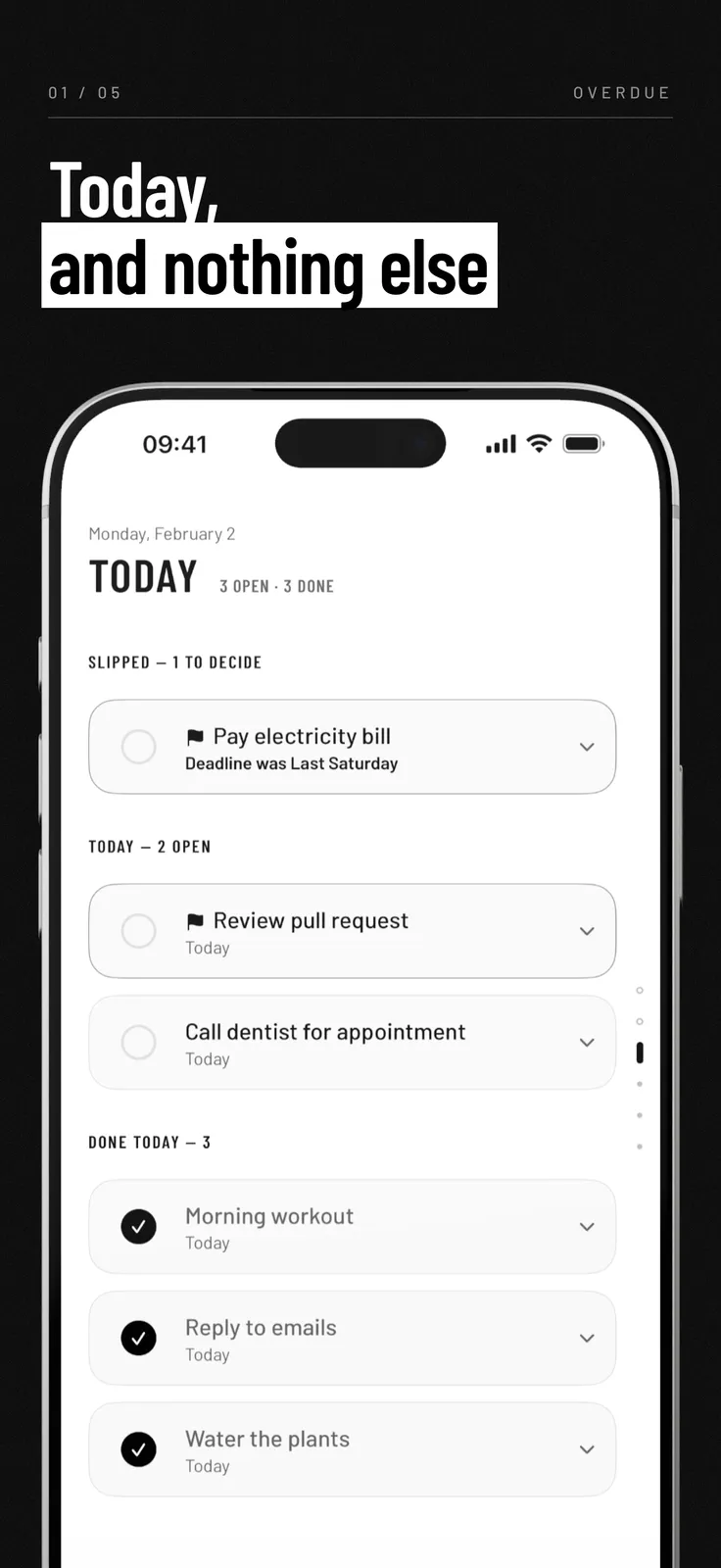 Overdue screenshot: Today list with slipped, open and done tasks, captioned “Today, and nothing else”
