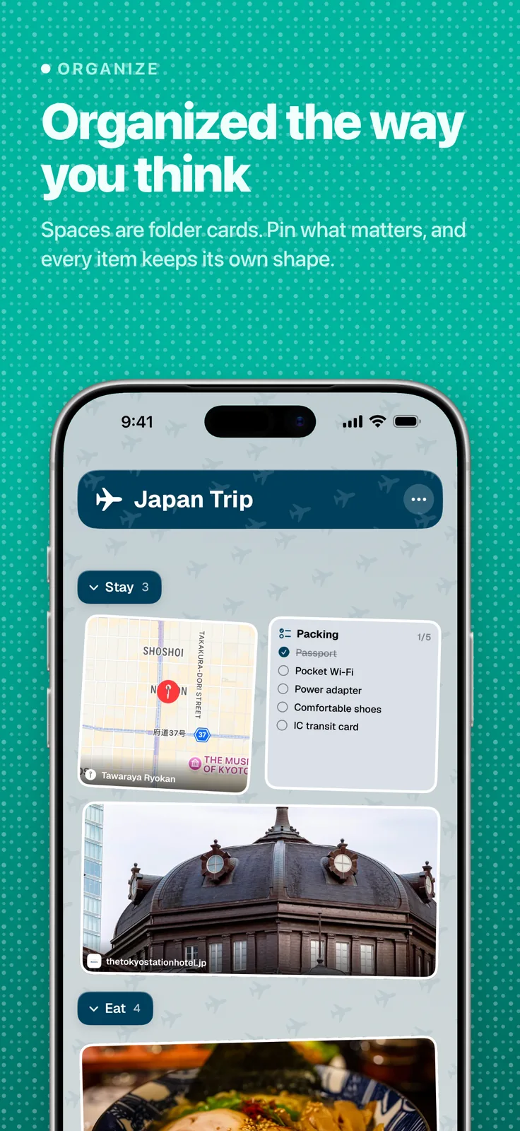 ToMe screenshot: Japan Trip space with map and packing checklist, captioned “Organized the way you think”
