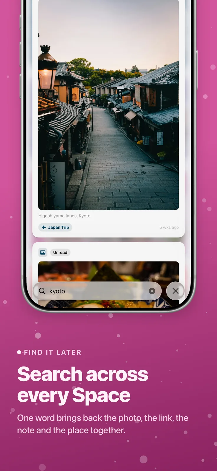 ToMe screenshot: Search results showing a saved Kyoto street photo, captioned “Search across every Space”