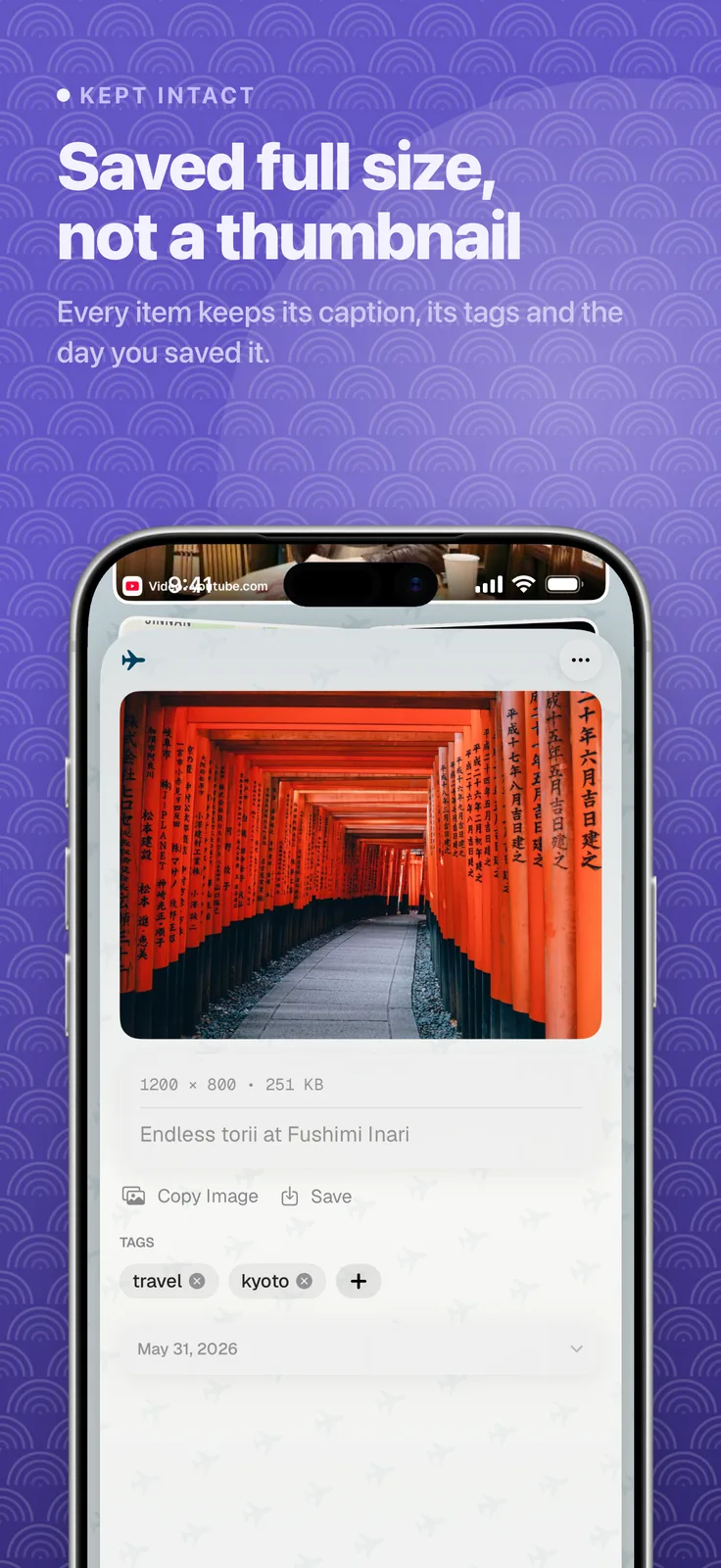 ToMe screenshot: Photo item detail with caption and tags, captioned “Saved full size, not a thumbnail”