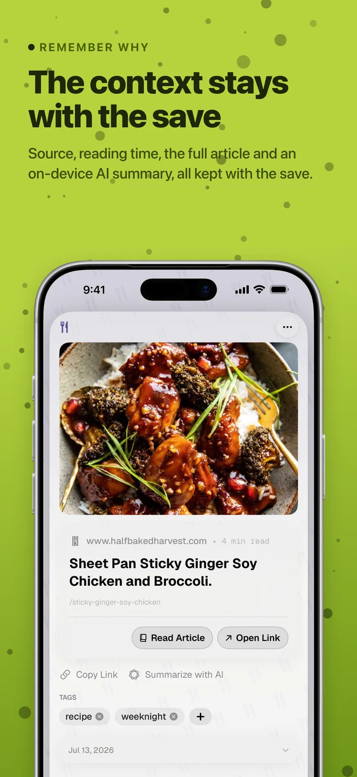 ToMe screenshot: Saved recipe article with Read Article button, captioned “The context stays with the save”