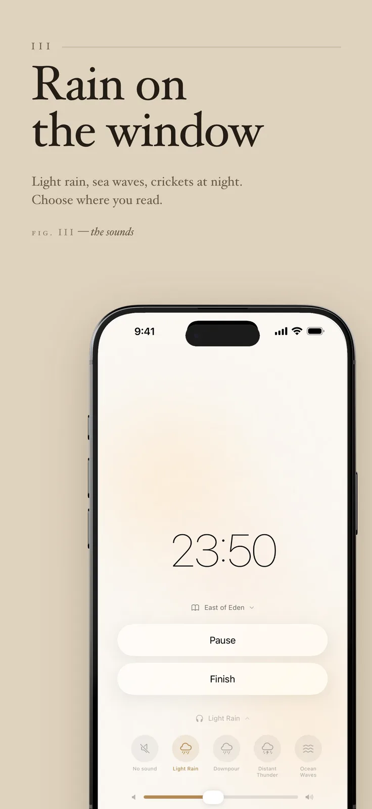 ToRead screenshot: Reading timer with ambient sound choices and volume, captioned “Rain on the window”