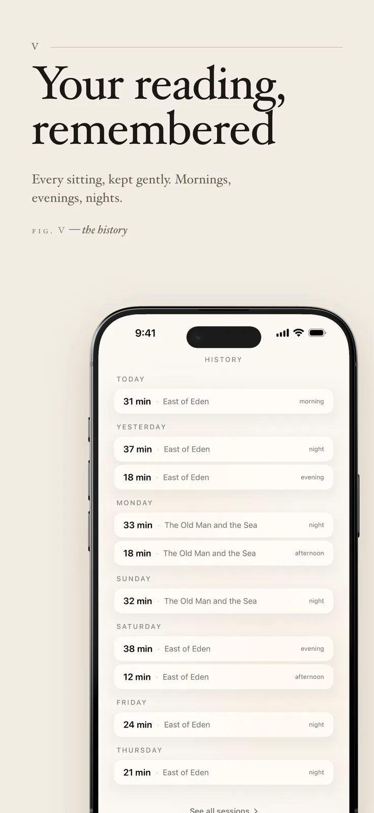 ToRead screenshot: History list of reading sessions by day, captioned “Your reading, remembered”