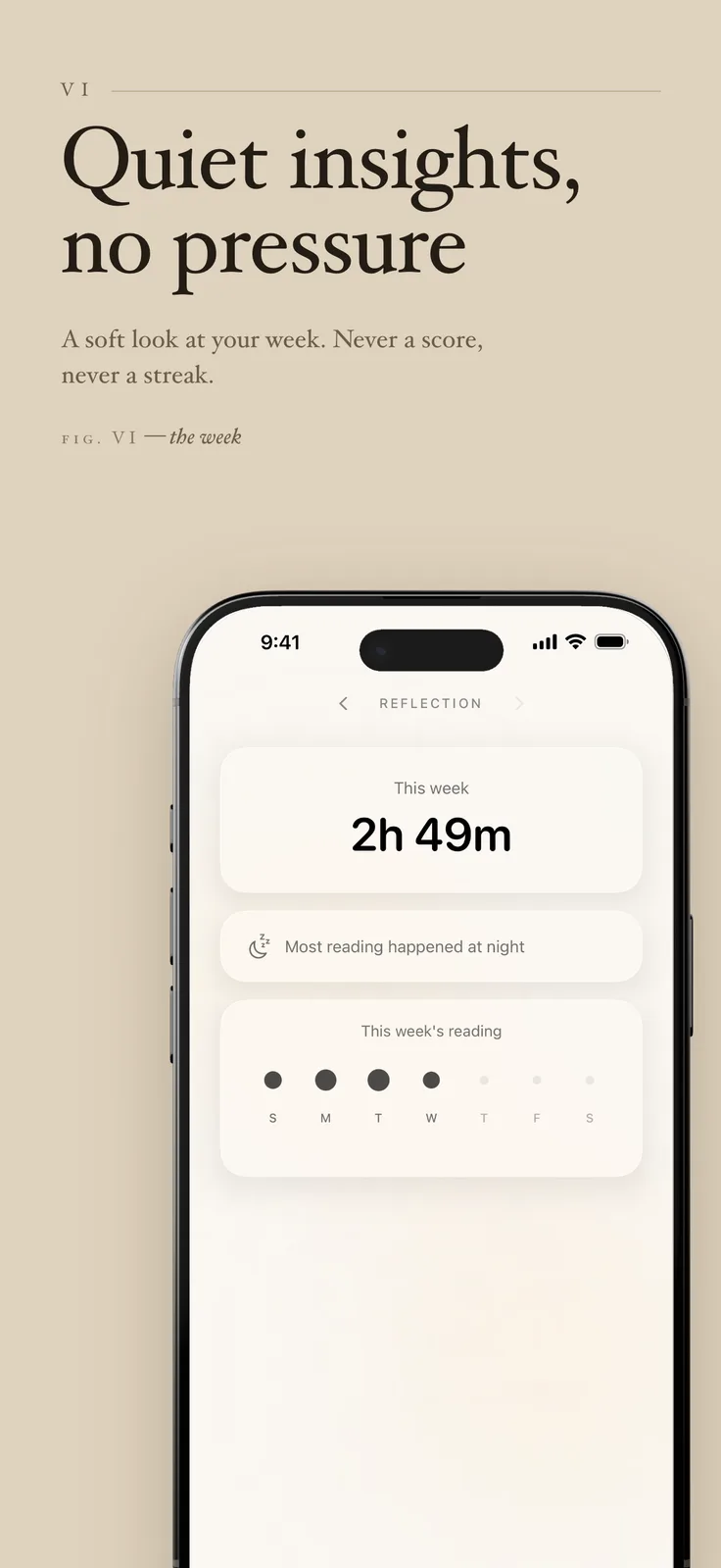 ToRead screenshot: Weekly reflection with total time and day dots, captioned “Quiet insights, no pressure”