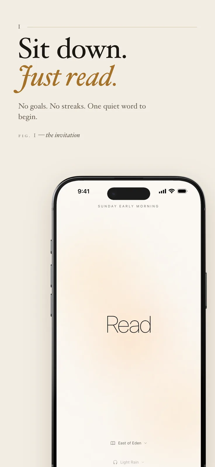ToRead screenshot: Minimal start screen with a Read button, captioned “Sit down. Just read.”