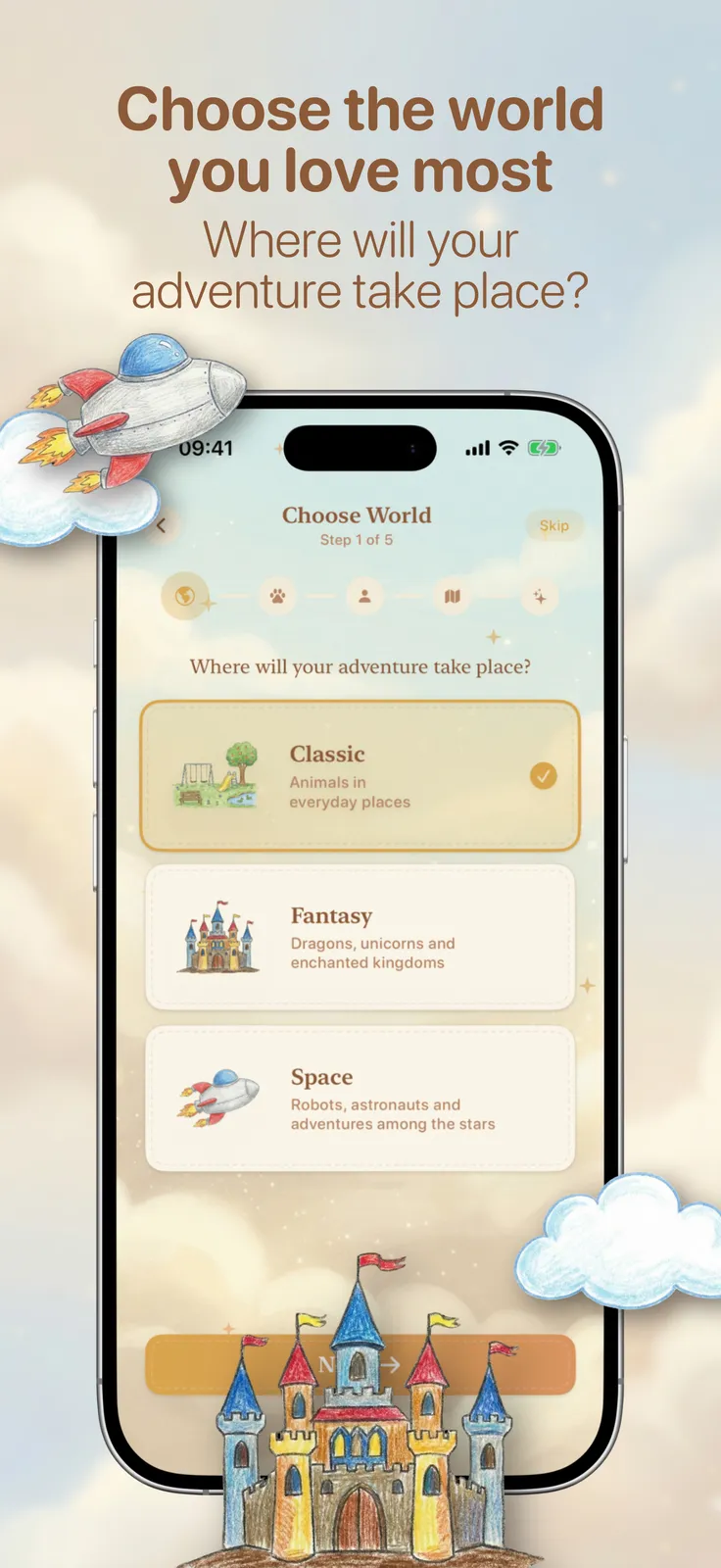 YourStory screenshot: World picker with Classic, Fantasy and Space, captioned “Choose the world you love most”