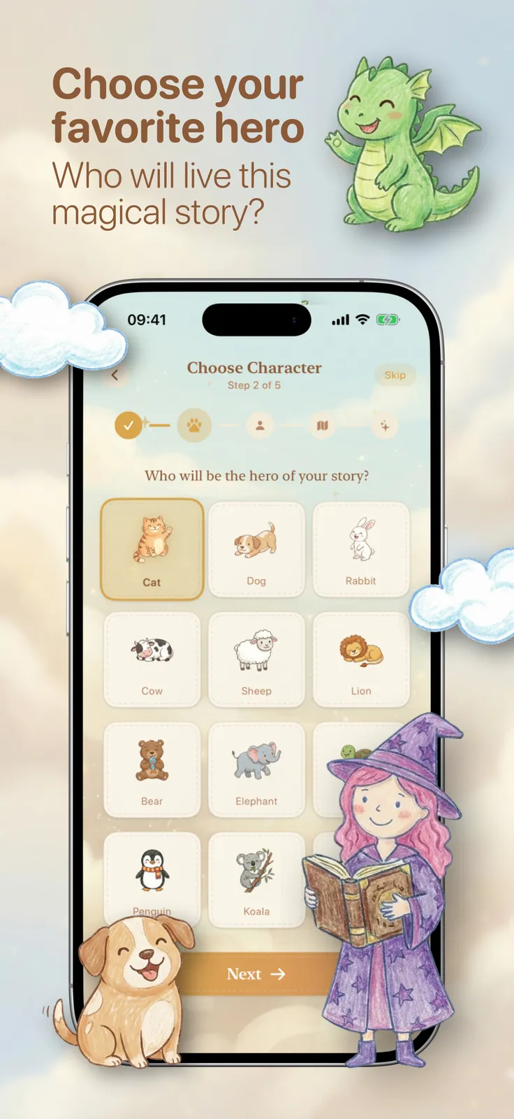 YourStory screenshot: Grid of animal characters to choose from, captioned “Choose your favorite hero”