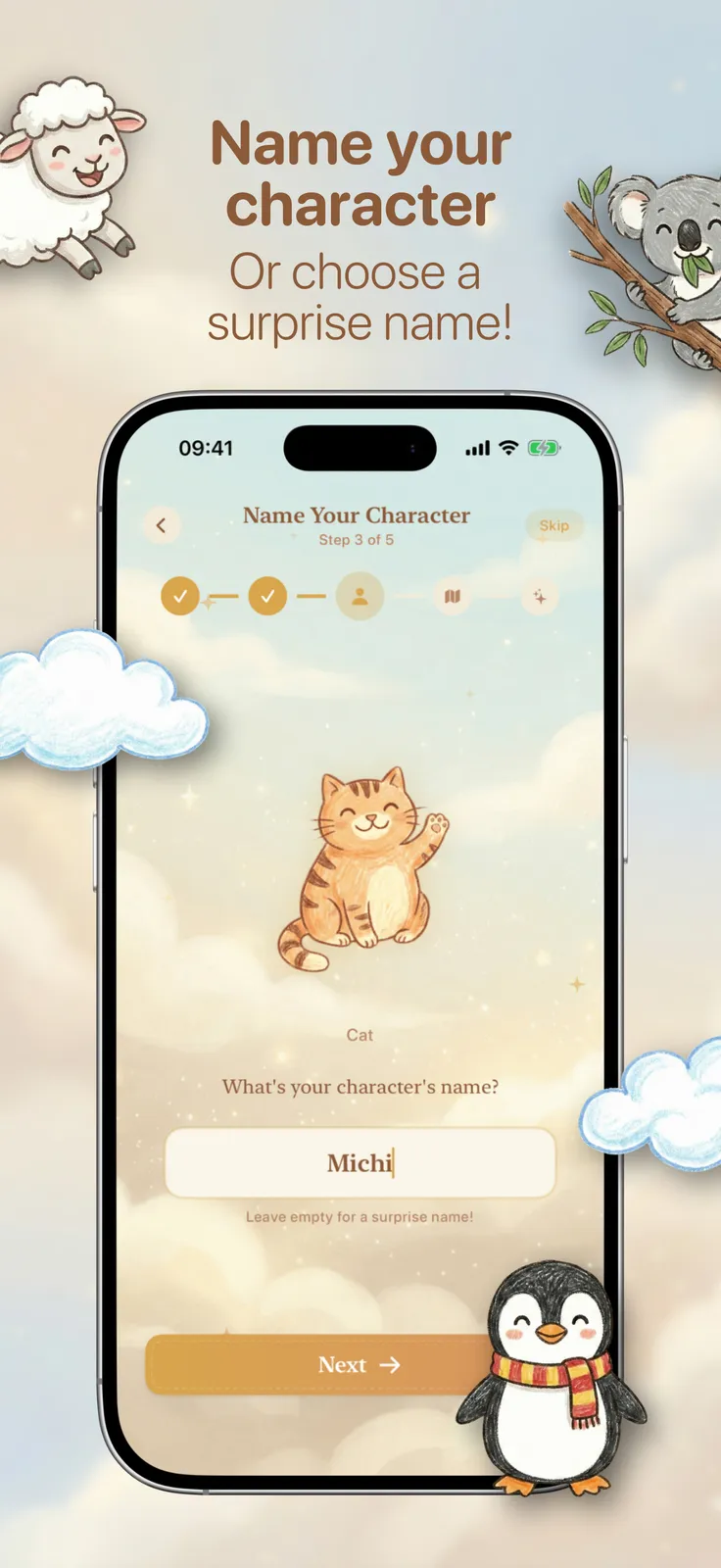 YourStory screenshot: Cat character with name field reading Michi, captioned “Name your character”