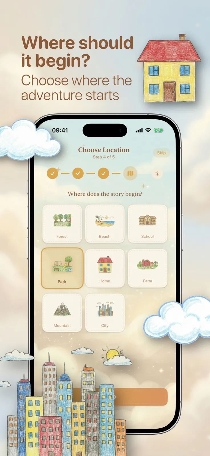 YourStory screenshot: Grid of story locations to choose from, captioned “Where should it begin?”