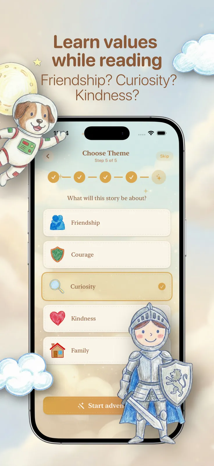 YourStory screenshot: Story theme list with Curiosity selected, captioned “Learn values while reading”
