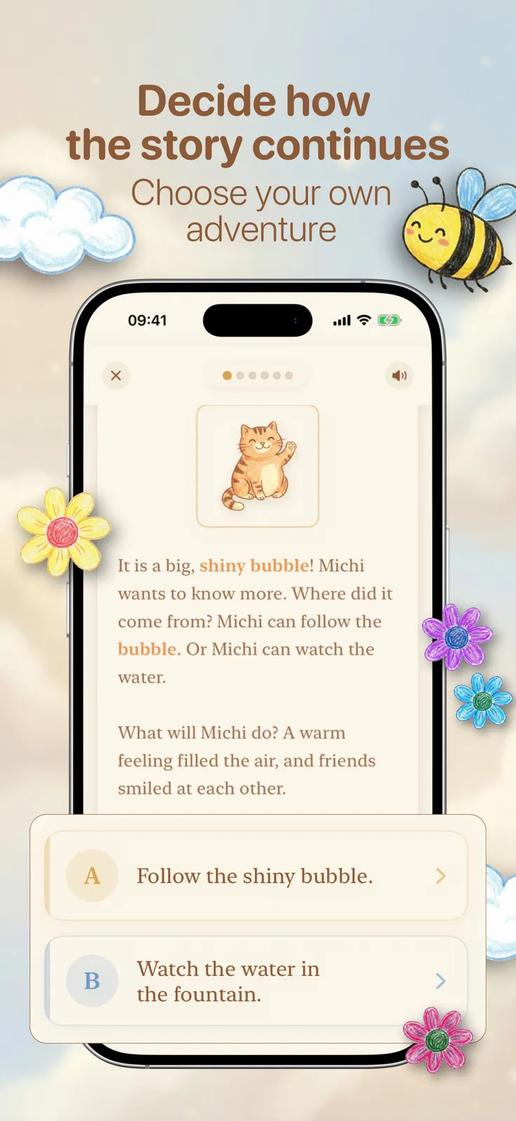 YourStory screenshot: Story page with two choice buttons, captioned “Decide how the story continues”