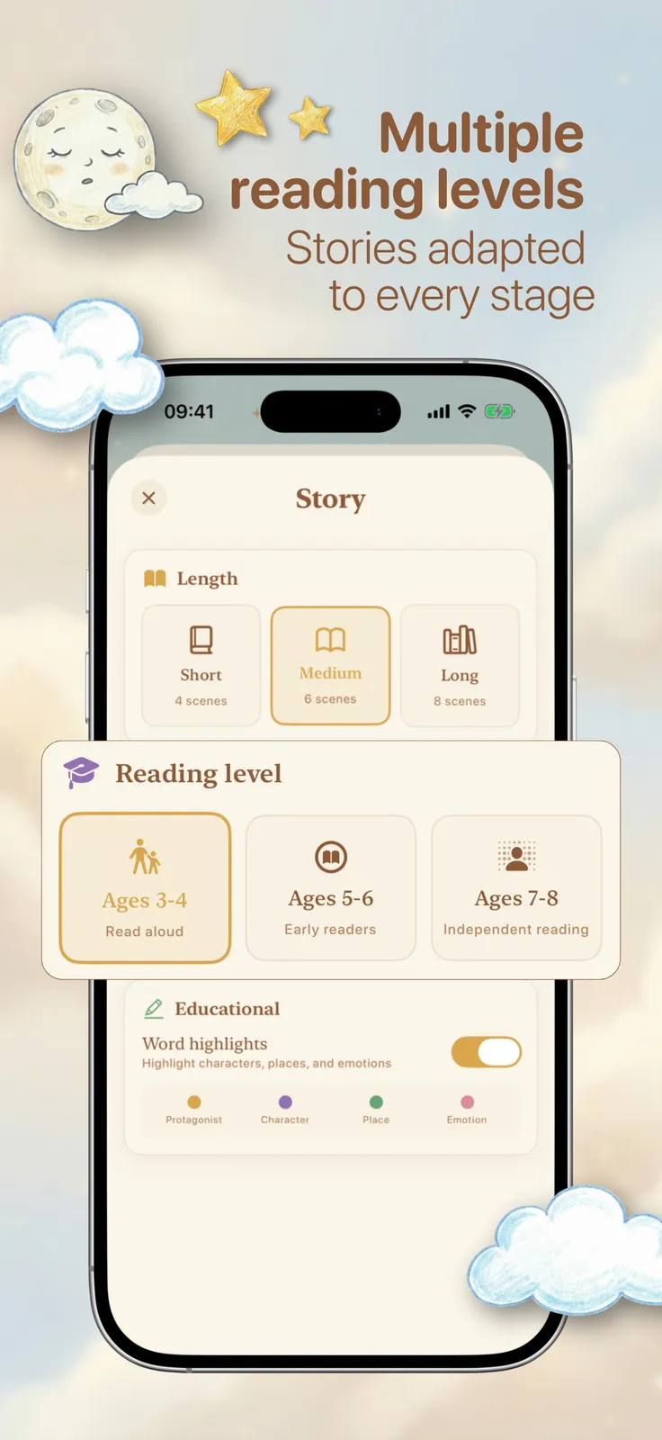 YourStory screenshot: Story settings with length and reading level options, captioned “Multiple reading levels”