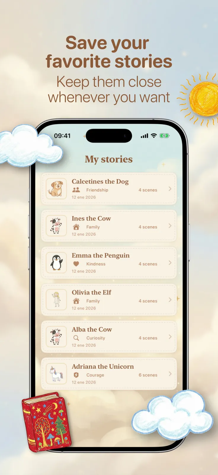 YourStory screenshot: My stories list of saved stories, captioned “Save your favorite stories”