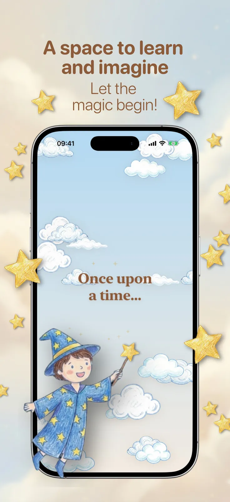 YourStory screenshot: Once upon a time title screen with clouds, captioned “A space to learn and imagine”