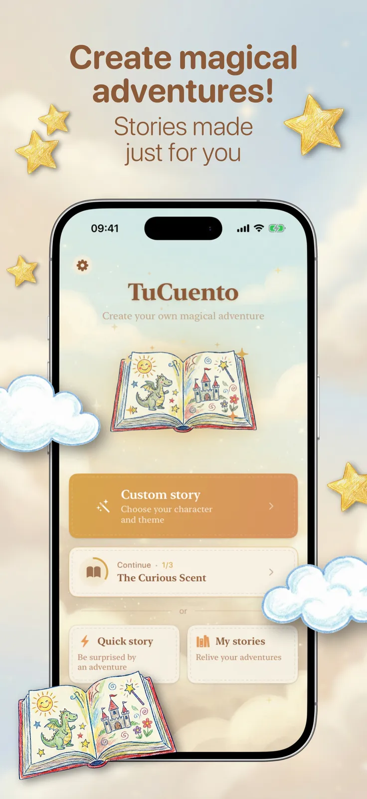 YourStory screenshot: TuCuento home screen with Custom story option, captioned “Create magical adventures!”