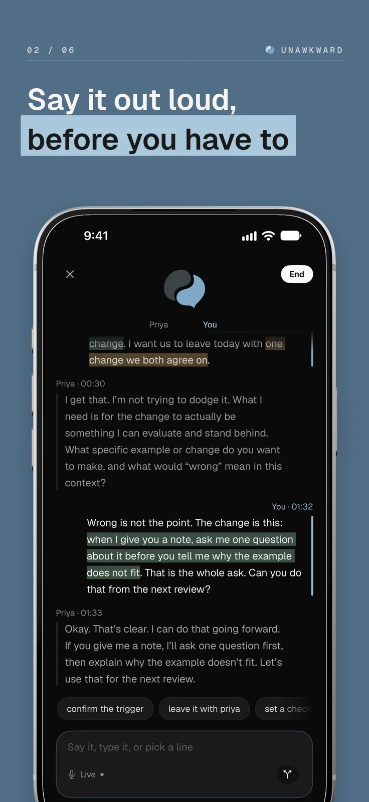 Unawkward screenshot: Rehearsal chat transcript with suggestion chips, captioned “Say it out loud, before you have to”