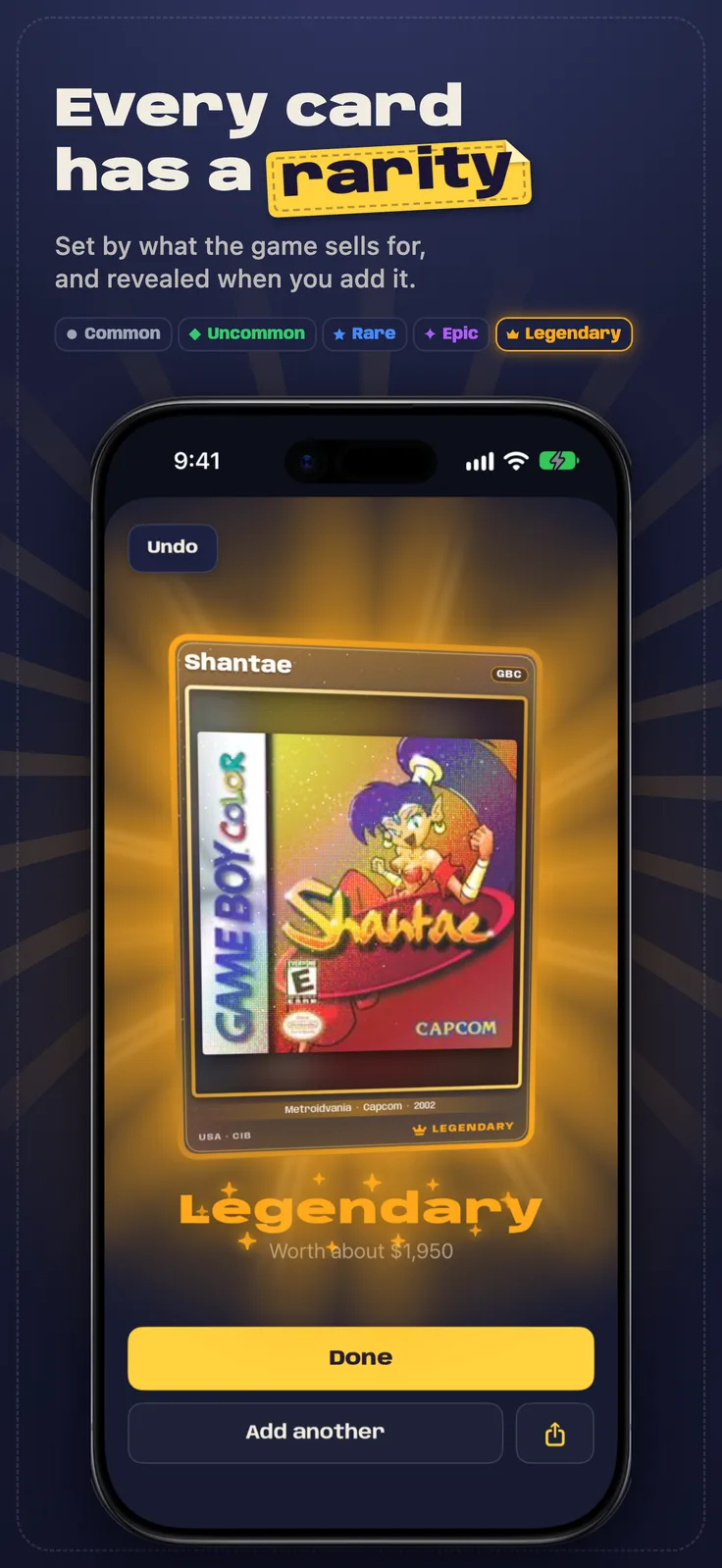 Vidya screenshot: A game card revealed as Legendary in a burst of light, captioned “Every card has a rarity”
