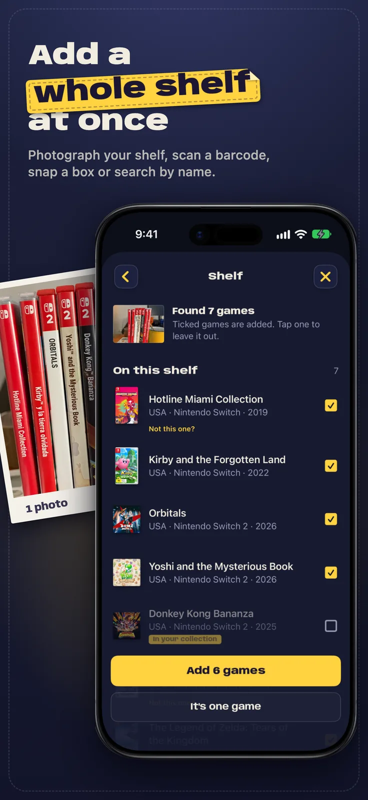 Vidya screenshot: A shelf photo read spine by spine into a list of games, captioned “Add a whole shelf at once”