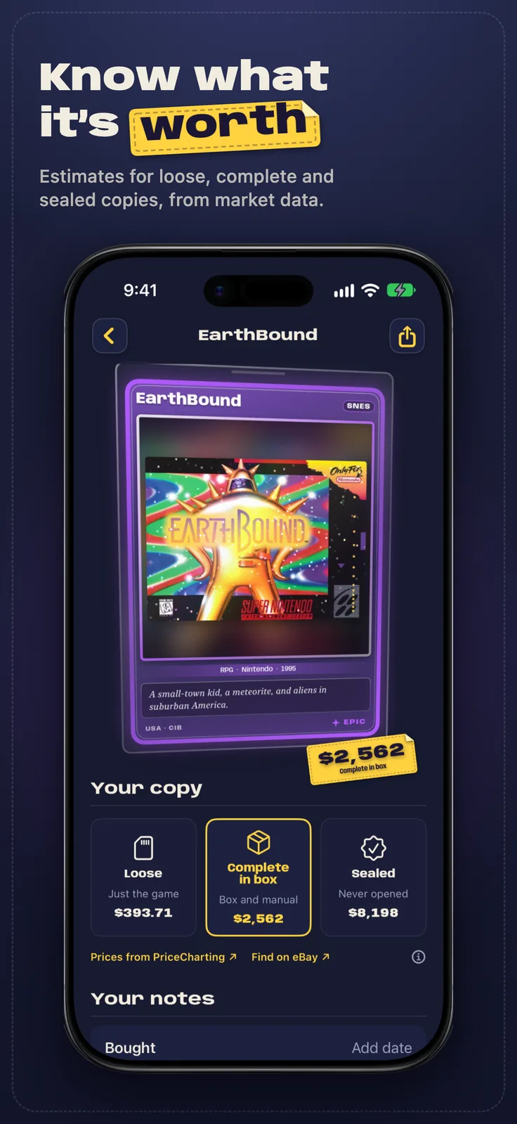 Vidya screenshot: A card's page with its value sticker and loose, complete and sealed prices, captioned “Know what it's worth”