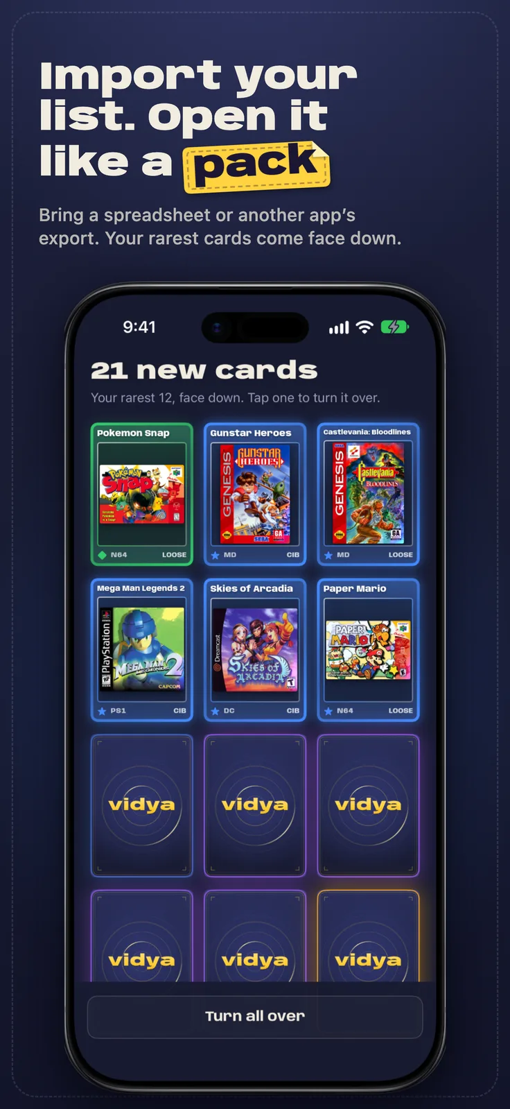 Vidya screenshot: A pack of imported games, some turned over and some face down, captioned “Import your list. Open it like a pack”