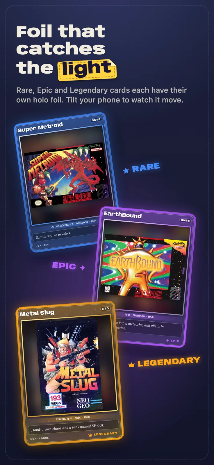 Vidya screenshot: Rare, Epic and Legendary cards on foil, captioned “Foil that catches the light”