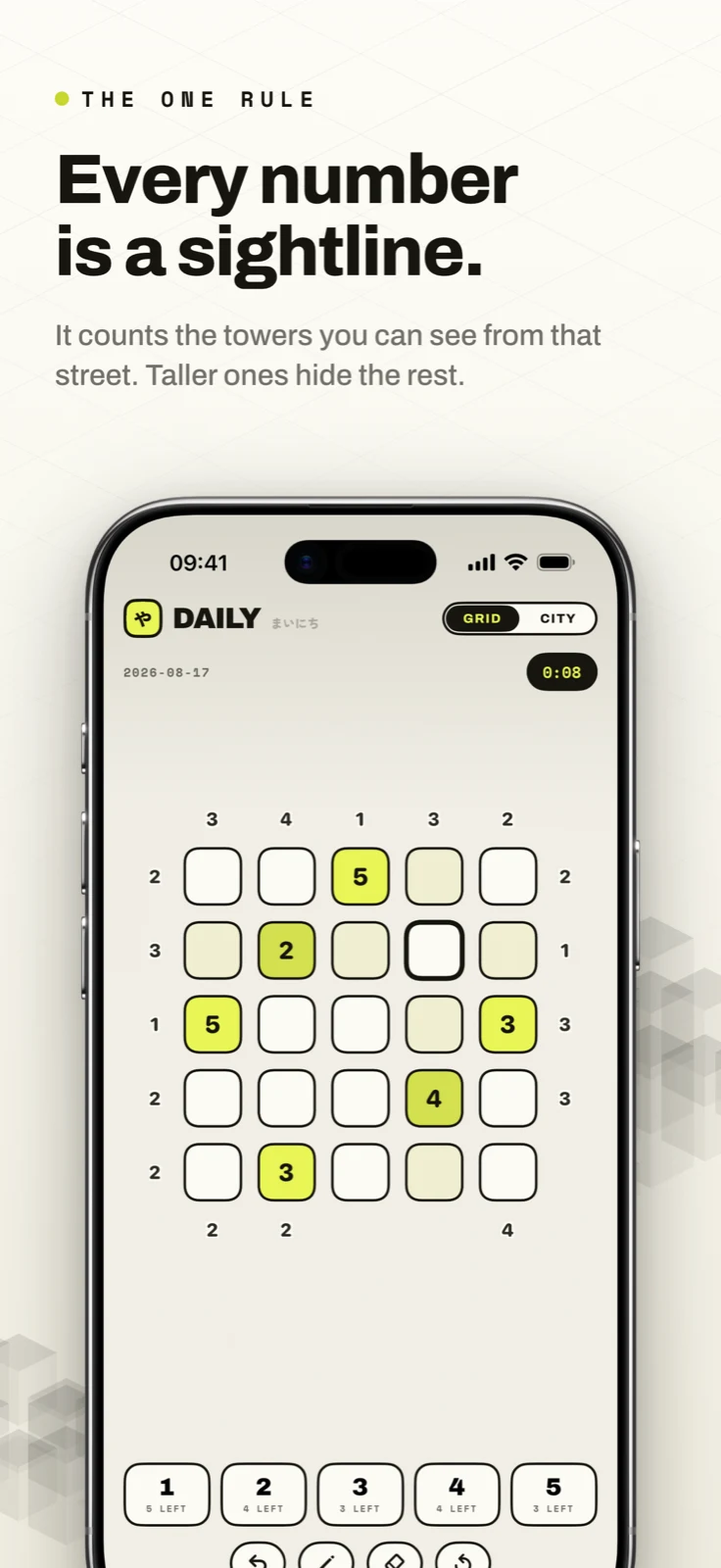 Yagura screenshot: Skyscraper puzzle grid with edge clues and number pad, captioned “Every number is a sightline.”