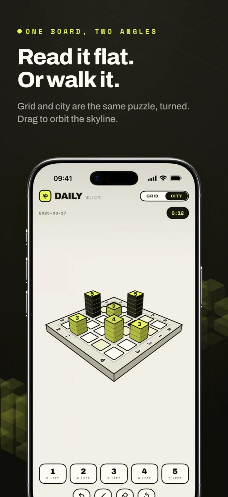 Yagura screenshot: 3D city view of partially built towers, captioned “Read it flat. Or walk it.”