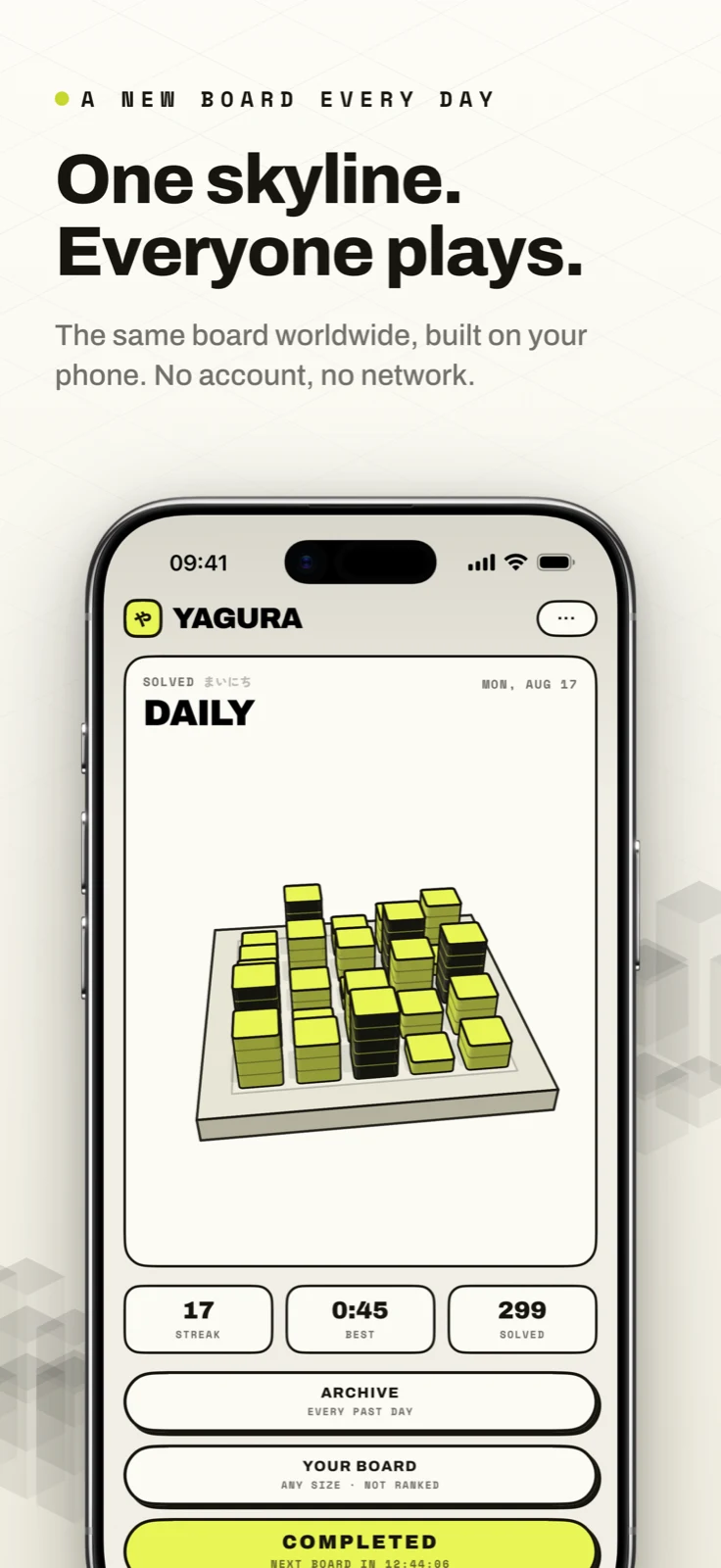 Yagura screenshot: Daily card with 3D skyline and streak stats, captioned “One skyline. Everyone plays.”