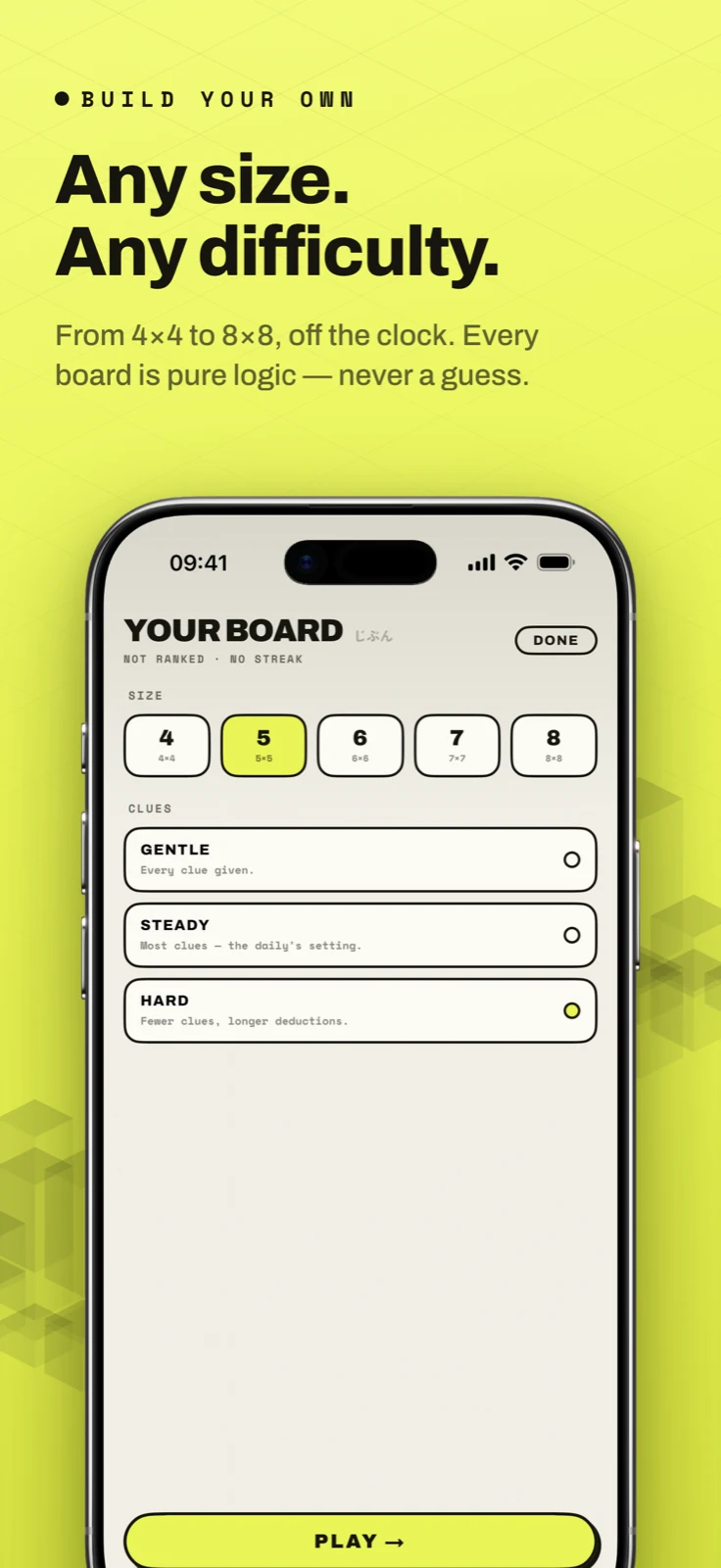 Yagura screenshot: Your Board setup with size and difficulty options, captioned “Any size. Any difficulty.”
