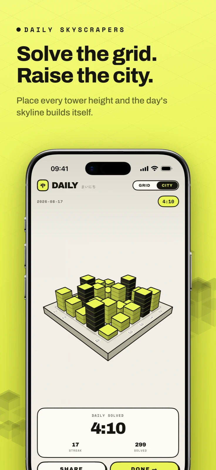 Yagura screenshot: 3D city of towers with daily solve time, captioned “Solve the grid. Raise the city.”